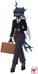 Size: 515x1000 | Tagged: safe, artist:deusexequus, queen chrysalis, oc, oc:fluffle puff, changeling, changeling queen, anthro, unguligrade anthro, briefcase, business suit, businessalis, businessmare, clothes, female, glasses, mare, necktie, simple background, suit, watch, white background