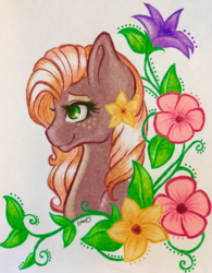 Size: 2862x3674 | Tagged: safe, artist:emberslament, oc, oc only, deer pony, original species, bust, female, flower, high res, mare, portrait, solo, traditional art