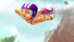 Size: 5504x3096 | Tagged: safe, artist:skribbler84, scootaloo, pony, g4, absurd resolution, bungee jumping, female, helmet, solo