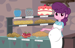 Size: 5200x3300 | Tagged: safe, artist:mintydrop2013, sugar belle, equestria girls, g4, hard to say anything, absurd resolution, apple fritter (food), apple pie, apron, belly, big belly, cake, candy, candy apple, clothes, equestria girls-ified, female, gumball, looking at you, muffin, pie, pregnant, solo