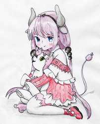 Size: 2025x2507 | Tagged: safe, artist:40kponyguy, derpibooru exclusive, sweetie belle, human, pony, unicorn, anime, blushing, crossover, cuddling, cute, female, filly, holding a pony, horns, hug, human female, kanna kamui, looking at you, looking up, miss kobayashi's dragon maid, requested art, simple background, traditional art, white background