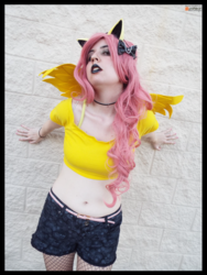 Size: 3456x4608 | Tagged: safe, artist:krazykari, fluttershy, human, g4, belly button, bra strap, clothes, cosplay, costume, emoshy, fishnet stockings, high res, irl, irl human, midriff, photo, short shirt, shorts