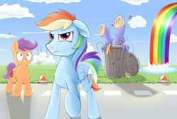 Size: 2500x1679 | Tagged: safe, artist:sea-maas, bow hothoof, rainbow dash, scootaloo, fly, pegasus, pony, g4, parental glideance, abuse, alternate ending, annoyed, chest fluff, cloud, cutie mark, female, filly, flag, hoof in air, into the trash it goes, legs in air, looking at you, mare, rainbow, rainbow douche, shocked, shocked expression, the cmc's cutie marks, trash can, underhoof, waterfall