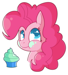 Size: 664x729 | Tagged: safe, artist:amazingmollusk, pinkie pie, earth pony, pony, g4, aweeg*, bust, colored pupils, cupcake, cute, diapinkes, eating, female, food, happy, mare, messy eating, pie daily, portrait, simple background, solo, transparent background
