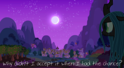Size: 1207x661 | Tagged: safe, queen chrysalis, changeling, g4, bridge, crying, dark, depressed, depression, dialogue, equestria, feels, female, former queen chrysalis, lonely, moon, moonlight, mountain, night, ponyville, regret, river, sad, scenery, sky, solo, stars, tree