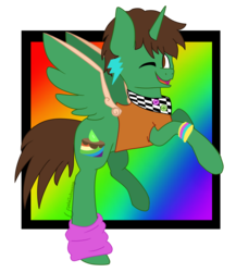 Size: 1125x1299 | Tagged: safe, artist:crystalisamazing, oc, oc only, oc:frost d. tart, alicorn, pony, 80s, alicorn oc, one eye closed, rainbow background, simple background, smiling, solo, transparent background, wink