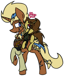 Size: 1567x1864 | Tagged: safe, artist:nekro-led, oc, oc only, oc:frida, oc:nicole, pony, unicorn, fallout equestria, armor, braid, chestplate, clothes, jacket, mother and daughter, ponies riding ponies, riding, scar, simple background, tongue out, white background