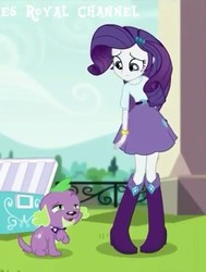 Size: 362x480 | Tagged: safe, screencap, rarity, spike, spike the regular dog, dog, equestria girls, equestria girls specials, g4, my little pony equestria girls: dance magic, boots, bracelet, clothes, cooler, cropped, cute, fence, high heel boots, jewelry, lidded eyes, looking down, looking up, paws, sad, skirt