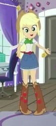 Size: 184x409 | Tagged: safe, screencap, applejack, equestria girls, equestria girls specials, g4, my little pony equestria girls: dance magic, boots, chair, clothes, cowboy boots, cowboy hat, cropped, cute, denim skirt, door, female, hat, looking at you, skirt, smiling, solo, stetson