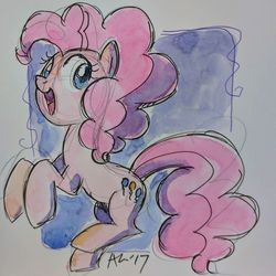 Size: 1080x1080 | Tagged: safe, artist:agnesgarbowska, pinkie pie, earth pony, pony, g4, female, looking at you, sketch, solo, traditional art, watercolor painting