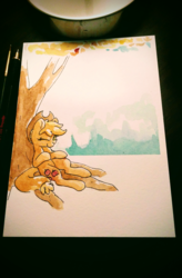 Size: 1261x1920 | Tagged: safe, artist:luxaestas, applejack, earth pony, pony, g4, female, sitting, solo, traditional art, tree, watercolor painting