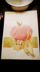 Size: 1080x1920 | Tagged: safe, artist:luxaestas, applejack, earth pony, pony, g4, apple, female, food, solo, tiny ponies, traditional art, watercolor painting
