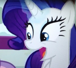 Size: 1077x966 | Tagged: safe, screencap, rarity, pony, unicorn, forever filly, g4, cropped, faic, female, glowing horn, happy, horn, mare, open mouth, solo, youtube