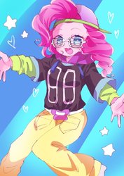 Size: 595x842 | Tagged: safe, artist:weiliy, pinkie pie, equestria girls, equestria girls specials, g4, my little pony equestria girls: dance magic, abstract background, clothes, cute, diapinkes, female, mc pinkie, rapper pie, shutter shades, solo, sunglasses