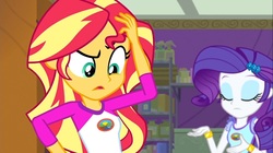 Size: 1100x618 | Tagged: safe, screencap, rarity, sunset shimmer, equestria girls, g4, my little pony equestria girls: legend of everfree, bracelet, breasts, camp everfree outfits, eyes closed, female, jewelry