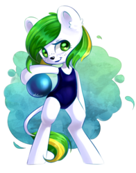 Size: 828x1054 | Tagged: safe, artist:avonir, oc, oc only, semi-anthro, ball, clothes, cute, leonine tail, one-piece swimsuit, swimsuit