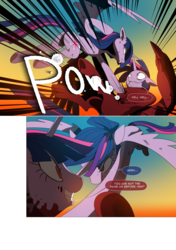 Size: 3541x5016 | Tagged: safe, artist:gashiboka, twilight sparkle, oc, oc:brotonia, alicorn, pony, comic:recall the time of no return, g4, absurd resolution, angry, comic, fake twilight, fight, punch, twilight sparkle (alicorn), zygon