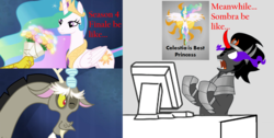 Size: 1180x595 | Tagged: safe, discord, king sombra, princess celestia, alicorn, pony, g4, season 4, computer, female, flower, mare, one eye closed, poster, wink