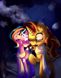 Size: 4375x5625 | Tagged: safe, artist:luxaestas, starlight glimmer, sunset shimmer, pony, unicorn, g4, absurd resolution, clothes, cute, duo, eyes closed, female, glimmerbetes, mare, night, scarf, shimmerbetes, stars, tree