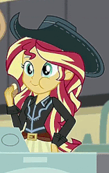 Size: 256x407 | Tagged: safe, screencap, sunset shimmer, equestria girls, equestria girls specials, g4, my little pony equestria girls: dance magic, animated, chewing, cowboy hat, cowgirl, cropped, cute, eating, female, gif, hat, imagine spot, perfect loop, shimmerbetes, solo