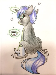 Size: 960x1280 | Tagged: safe, artist:sugaryviolet, oc, oc only, pony, unicorn, commission, cup, looking back, magic, sitting, solo, tea kettle, teacup, telekinesis, traditional art