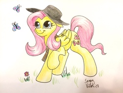 Size: 1280x960 | Tagged: safe, artist:sugaryviolet, fluttershy, butterfly, pony, g4, bag, commission, female, hat, raised hoof, solo, traditional art