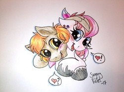 Size: 1280x959 | Tagged: safe, artist:sugaryviolet, oc, oc only, pony, commission, cute, ear piercing, heart, hug, pictogram, piercing, shipping, smiling, traditional art, unshorn fetlocks