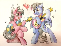 Size: 1280x959 | Tagged: safe, artist:sugaryviolet, oc, oc only, pegasus, pony, bipedal, blushing, commission, guitar, heart, music notes, open mouth, singing, sitting, traditional art