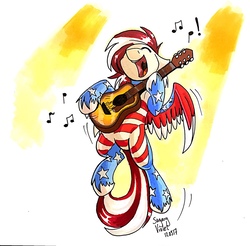 Size: 1280x1259 | Tagged: safe, artist:sugaryviolet, oc, oc only, oc:luna jax, pegasus, pony, american flag, commission, eyes closed, flying, guitar, music notes, open mouth, singing, solo, traditional art, united states, unshorn fetlocks