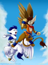 Size: 1280x1707 | Tagged: safe, artist:pinksharkcuteart, oc, oc only, hippogriff, pegasus, pony, anime, commission, crossover, dragon ball, dragon ball z, fight, male, son goku, stallion, vegeta