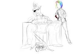 Size: 3035x2150 | Tagged: safe, artist:steadfast hoof, rainbow dash, spike, dragon, anthro, g4, alternate timeline, amputee, apocalypse dash, crystal war timeline, doodle, high res, metal gear solid 5, prosthetic limb, prosthetics