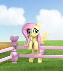 Size: 822x925 | Tagged: artist needed, source needed, useless source url, safe, fluttershy, pony, g4, 3d, bipedal, bipedal leaning, female, fence, leaning, smiling, solo