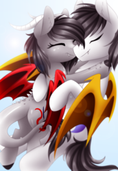 Size: 3000x4359 | Tagged: safe, artist:scarlet-spectrum, oc, oc only, oc:scarlet spectrum, bat pony, dracony, hybrid, pony, cuddling, fangs, female, high res, male, mare, oc x oc, shipping, stallion, straight