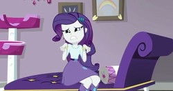 Size: 743x391 | Tagged: safe, screencap, rarity, equestria girls, equestria girls specials, g4, my little pony equestria girls: dance magic, clothes, couch, cute, female, sad, skirt, solo