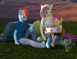 Size: 2040x1560 | Tagged: safe, artist:jawolfadultishart, fluttershy, rainbow dash, scootaloo, anthro, plantigrade anthro, g4, 3d, barefoot, cake, clothes, daz studio, feet, female, food, happy, jeans, lesbian, mother and daughter, mother's day, not sfm, pants, parent:fluttershy, parent:rainbow dash, parents:flutterdash, scootadoption, scootalove, ship:flutterdash, shipping, smiling, strawberry, two moms