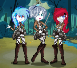 Size: 2192x1956 | Tagged: safe, artist:yulianapie26, oc, oc only, equestria girls, g4, anime, attack on titan, clothes, colored pupils, equestria girls-ified, forest, heterochromia, outdoors, smiling, sword, trio, weapon