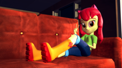Size: 1920x1080 | Tagged: safe, artist:razethebeast, apple bloom, equestria girls, g4, 3d, adorabloom, boots, clothes, couch, cute, female, looking at you, pants, peace sign, raised leg, solo, source filmmaker