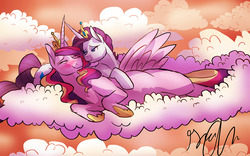 Size: 1280x800 | Tagged: dead source, safe, artist:shellielle, princess cadance, rarity, alicorn, pony, unicorn, g4, blushing, cloud, commission, crown, duo, eyes closed, female, infidelity, jewelry, lesbian, looking at each other, mare, on a cloud, raridance, regalia, shipping, signature, smiling