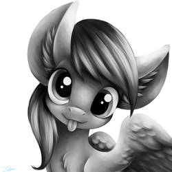 Size: 640x640 | Tagged: safe, artist:faline-art, derpy hooves, pegasus, pony, g4, bust, ear fluff, female, grayscale, looking at you, mare, monochrome, simple background, smiling, solo, tongue out, white background