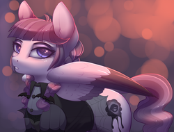 Size: 2849x2165 | Tagged: safe, artist:evehly, inky rose, pegasus, pony, g4, honest apple, season 7, abstract background, blushing, clothes, colored wings, colored wingtips, ear fluff, eyeshadow, featured image, female, goth, high res, lidded eyes, looking at you, makeup, mare, solo, wing fluff