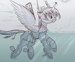 Size: 3000x2500 | Tagged: safe, artist:ncmares, twilight sparkle, alicorn, boatpony, pony, g4, boat, clothes, giant pony, high res, horn, horn impalement, kantai collection, macro, pantyhose, partially submerged, shipmare, sketch, skirt, snorkel, submarine, swimming, tail wrap, twilight sparkle (alicorn), underwater, uniform, water