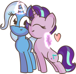 Size: 2909x2847 | Tagged: safe, artist:pastelhorses, starlight glimmer, trixie, pony, unicorn, g4, cute, female, glimmerbetes, heart, high res, lesbian, magic, mare, ship:startrix, shipping, simple background, white background