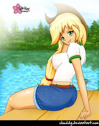 Size: 788x1000 | Tagged: safe, artist:clouddg, applejack, equestria girls, g4, my little pony equestria girls: legend of everfree, adorasexy, big breasts, breasts, busty applejack, clothes, cowboy hat, cute, denim shorts, female, hat, lake, looking at you, midriff, pier, scenery, sexy, sitting, solo, stetson, tree