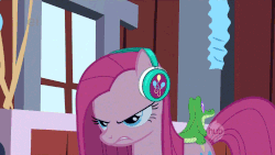 Size: 960x540 | Tagged: source needed, safe, edit, edited screencap, screencap, gummy, pinkie pie, earth pony, pony, g4, party of one, angry, animated, cutie mark headphones, gif, headphones, nodding, party angry, pinkamena diane pie, vibing