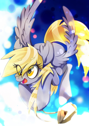 Size: 1358x1920 | Tagged: safe, artist:rariedash, derpy hooves, pegasus, pony, g4, bubble, cloud, ear fluff, female, flying, hoof hold, mailbag, mailmare, mare, open mouth, sky, solo, spread wings, wings