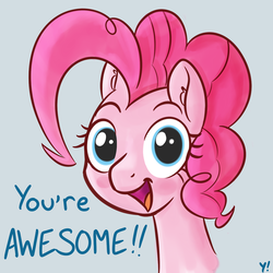 Size: 1280x1280 | Tagged: safe, artist:yakoshi, pinkie pie, earth pony, pony, g4, blushing, bust, dialogue, female, looking at you, motivational, open mouth, portrait, positive ponies, simple background, smiling, solo