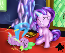 Size: 2800x2300 | Tagged: safe, artist:katakiuchi4u, spike, starlight glimmer, dragon, pony, unicorn, g4, book, cute, duo, female, glimmerbetes, hand, high res, laughing, magic, magic hands, mare, smiling, spikabetes, tickling, twilight's castle