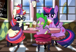 Size: 1697x1159 | Tagged: safe, artist:dsana, moondancer, spike, twilight sparkle, alicorn, dragon, pony, unicorn, g4, chair, clothes, commission, cute, drink, female, glasses, lamp, magic, mare, milkshake, smiling, spoon, sweater, table, trio, twilight sparkle (alicorn)