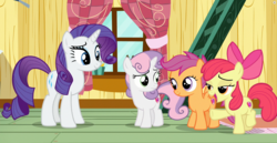 Size: 1920x994 | Tagged: safe, screencap, apple bloom, rarity, scootaloo, sweetie belle, earth pony, pony, forever filly, g4, cutie mark crusaders, treehouse