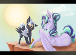 Size: 2800x2000 | Tagged: safe, artist:kyuuno-chan, oc, oc only, oc:moonbeam glimmer, lizard, pegasus, pony, fanfic:the bridge, beamzilla, colored hooves, colt, duo, fanfic art, female, high res, male, mare, mother and son, parent:godzilla junior, parent:oc:moonbeam glimmer, parents:beamzilla, tongue out